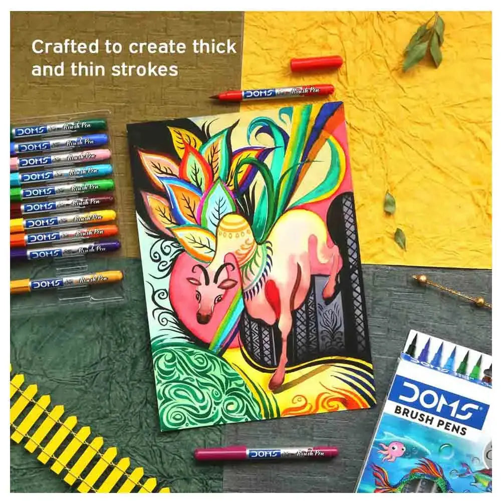 Doms Non-Toxic Multicolor Brush Pen Set Super Soft Fine Tip Brush Pens - Student Stationery