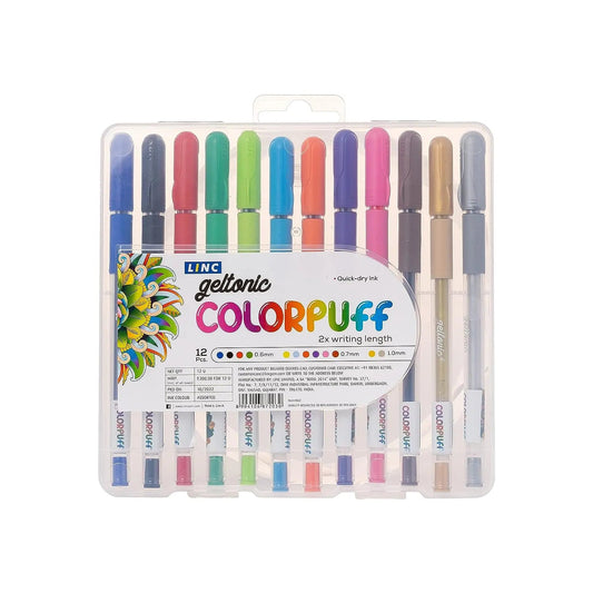 Linc Geltonic Colorpuff Multicolor Gel Pen - 0.6-1.0mm Tip - Pack of 12 - Student Stationery