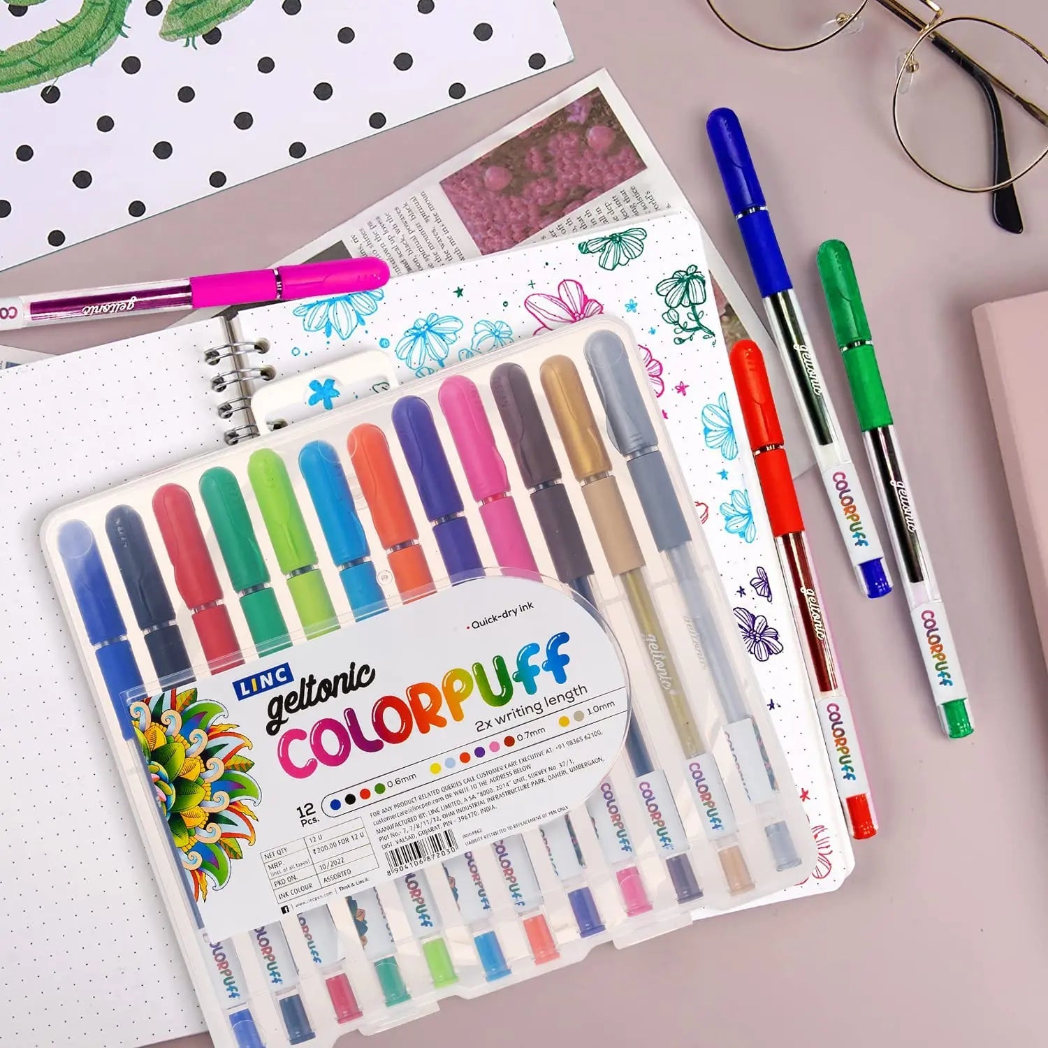 Linc Geltonic Colorpuff Multicolor Gel Pen - 0.6-1.0mm Tip - Pack of 12 - Student Stationery